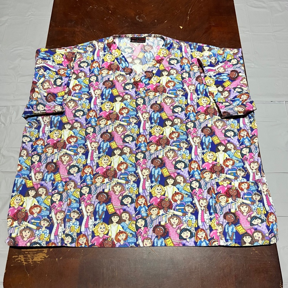 May-Hill Uniform Scrub Top Medium Multicolor Cartoon Nurse Doctor V-Neck